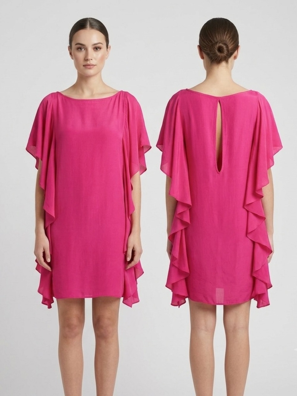 Indah Fuchsia Silk Look Caftan Dress Flutter Sleeve Open Back BaliS  Resortwear